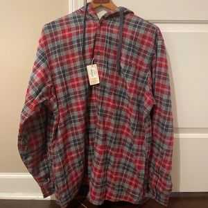 Redhead, Red Grey Plaid Flannel Button Down Hoodie